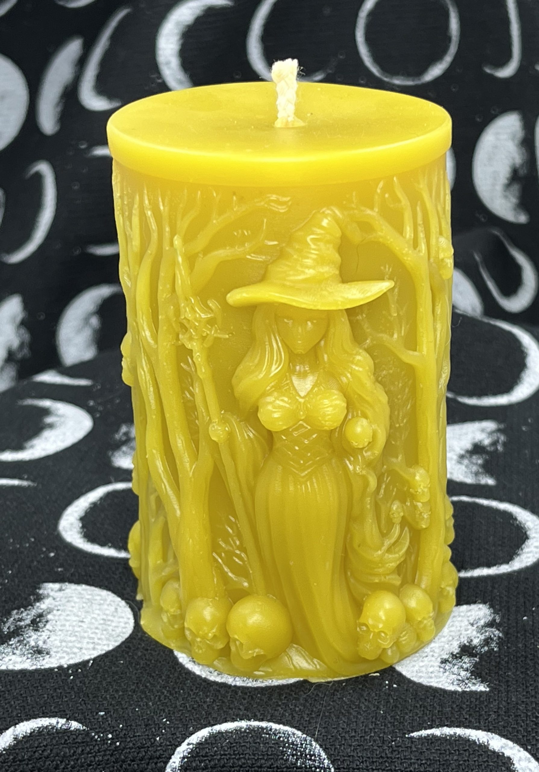 Witch with Skulls Pillar Beeswax Candle