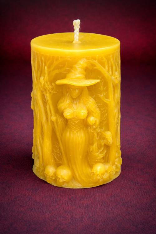 Witch with Skulls Pillar Beeswax Candle